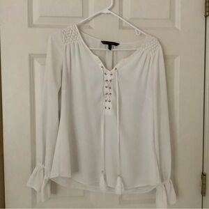 White House Black Market Cream Long Sleeve Tie Front Blouse